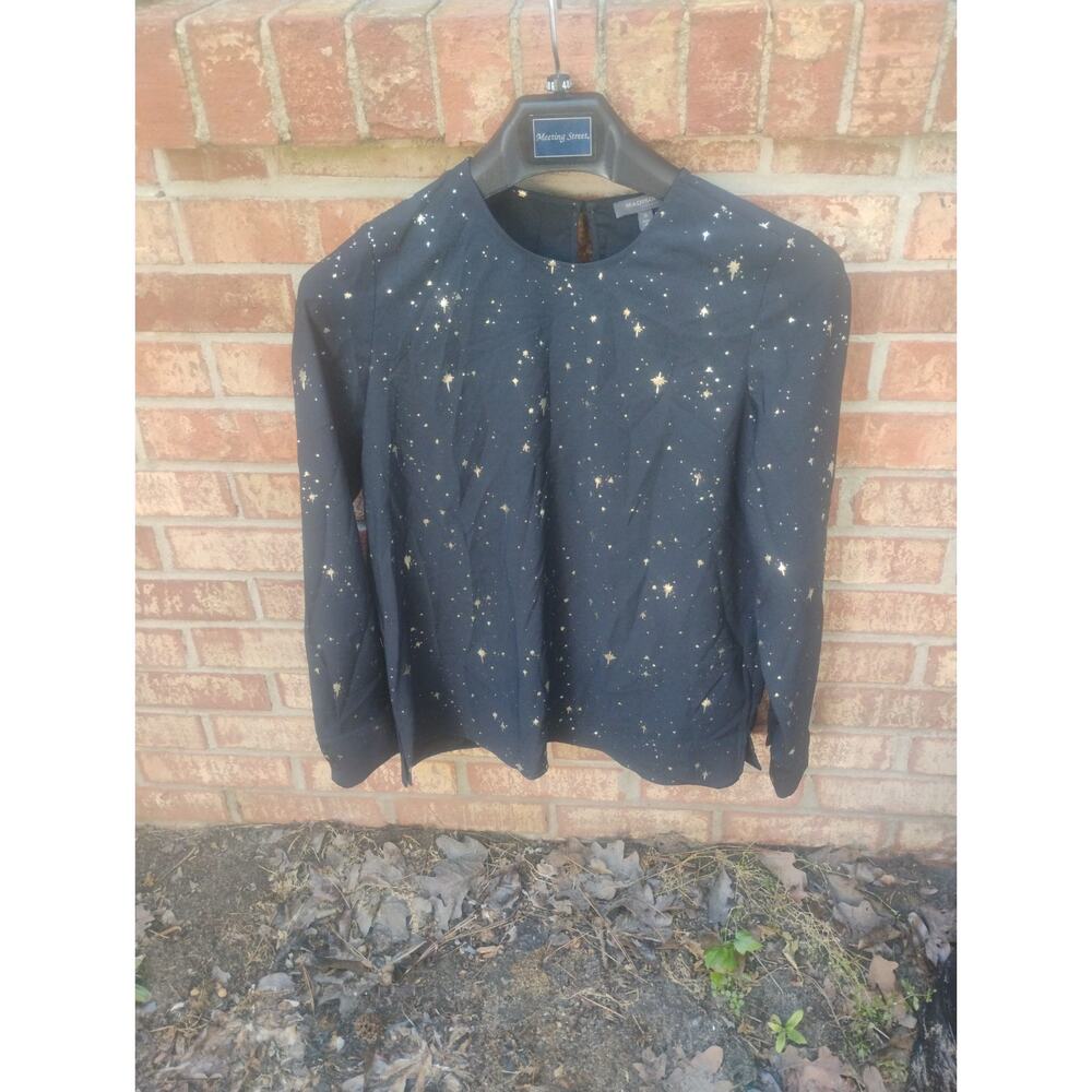 MADISON Black Gold Star Blouse S Starry Nights Celestial Festive Long Sleeve Top